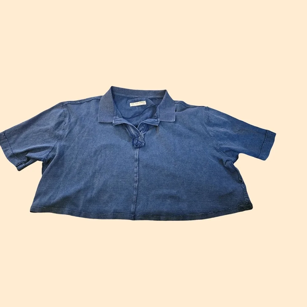 We The Free Free People Cropped Polo Shirt Blue Waffle‎ Knit Boxy Top L